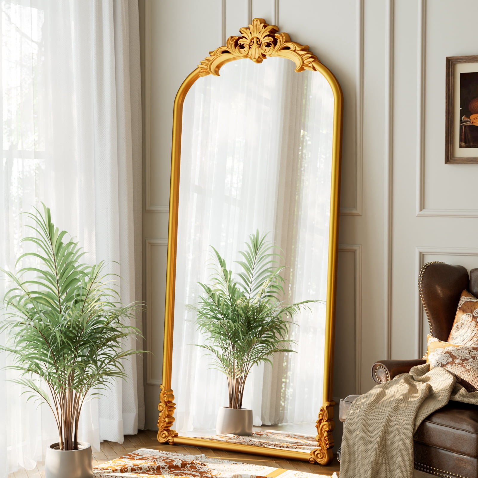 Easy4Home 71"x32" Arched Full-Length Floor Mirror Smooth Arch Top Floral Crest Standing Mirror, Bright Gold