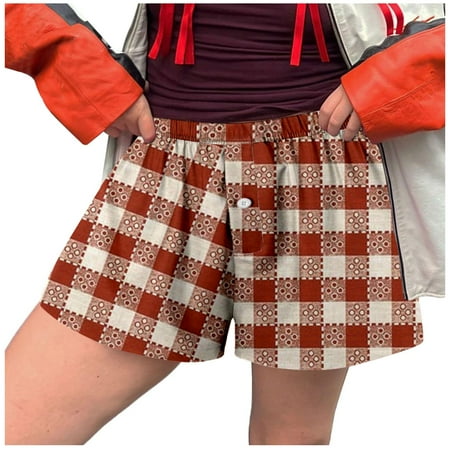 Blphud Summer Shorts Women Short Underwear for Women Women Shorts Cute Soft Elastic Low Waist Plaid Print Button Front Pajama Bottoms Boxer Shorts Sleepwear plus Size Overalls Shorts Red L