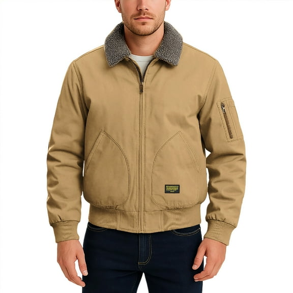 Iugvhana Men's Cargo Jackets Winter Warm Fleece Lined Jacket Lapel Full Zip Long Sleeve Thermal Outdoor Vintage Coat Outwear Khaki XXXL