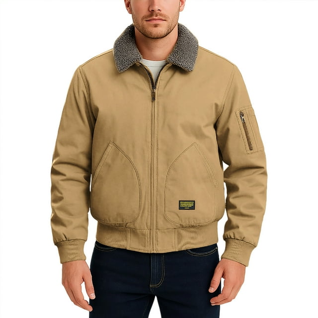 WRKEKC Men's Vintage Cafe Racer Motorcycle Jacket Genuine Leather Thermal Lined Windproof with Zipper Pockets for Cold Weather Riding Protection and Warmth Khaki M
