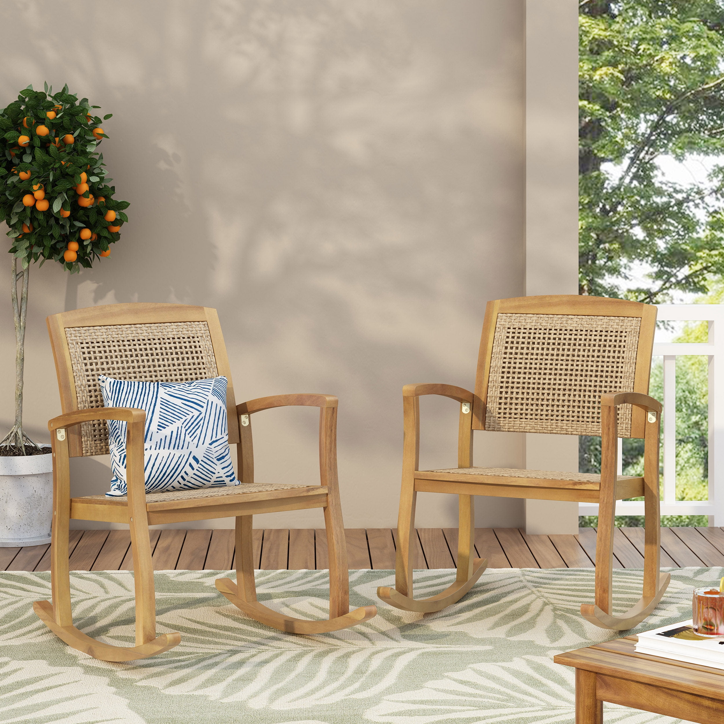 Arnton Acacia Wood and Wicker Outdoor Rocking Chair, Set of 2, Light Brown