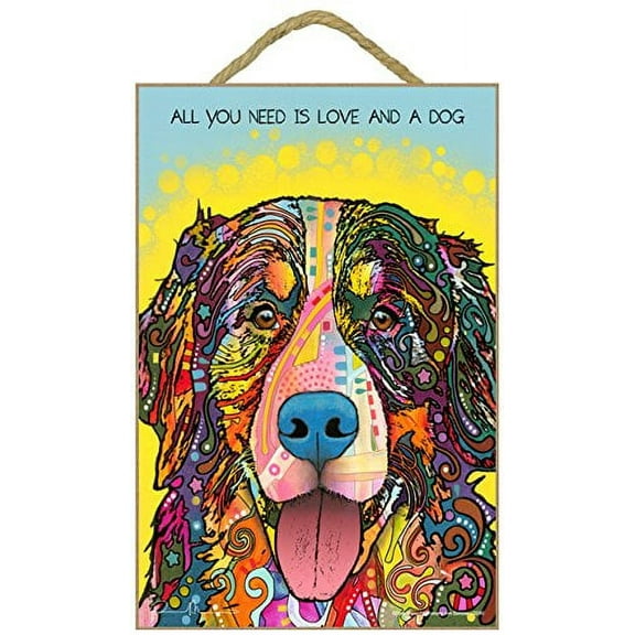 (SJT78240) Bernese - All you need is love and a dog 7" x 10.5" wood plaque/sign featuring the artwork of Dean Russo