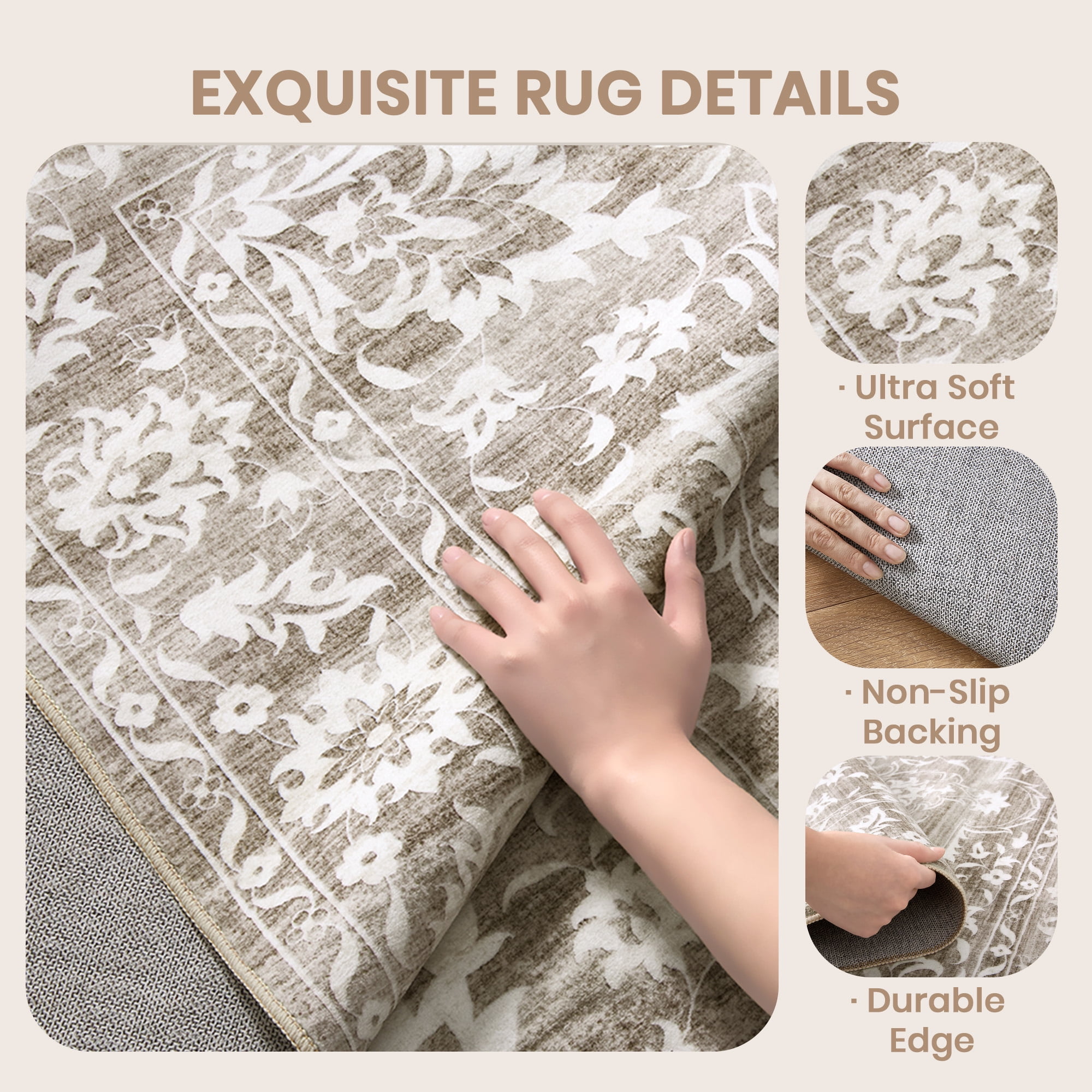 Roxstand 10x14 Area Rugs for Living Room, Stain Resistant Floral Vintage Washable Rugs, Non-Slip Thin Farmhouse Brown Rugs(10'x14', Brown)