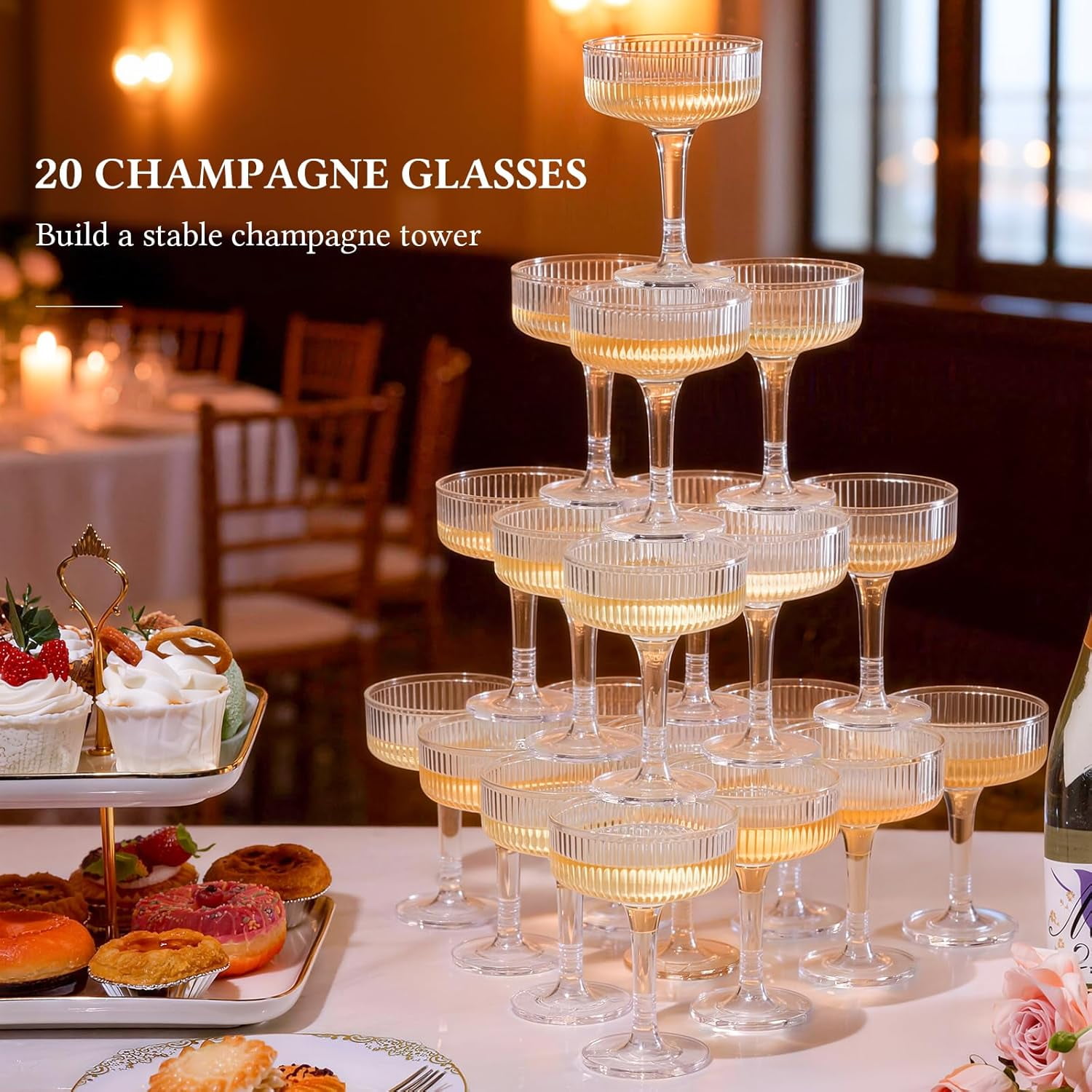 Champagne Tower - Clear Plastic Champagne Flutes, Butterfly Shape with Vertical Stripes for Weddings, Celebrations, Parties