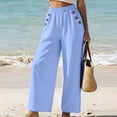 thumbnail image 2 of VEKDONE Lounge Pants for Women Cotton Elastic High Waist Palazzo Pants Button Decorative Straight Leg Trousers Summer Loose Fit Comfy Wide Leg Pants with Pockets Light Blue XXL, 2 of 7