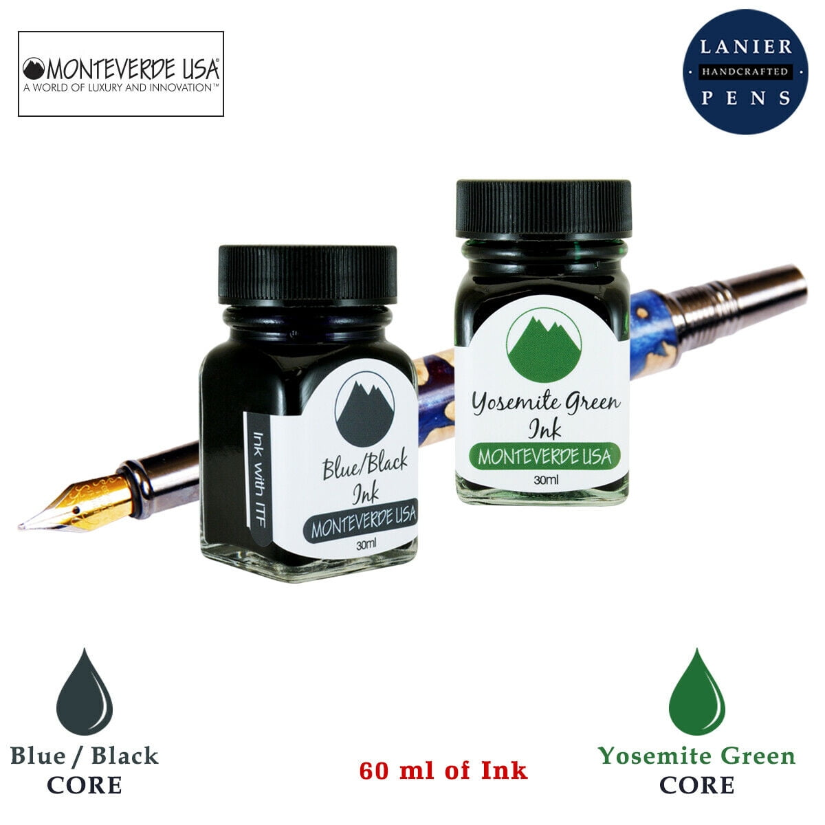 Monteverde 60ml Core Fountain Pen Ink Bottle (30ml Blue/Black Ink Bottle G309BB, 30ml Yosemite Green Ink Bottle G309YG)