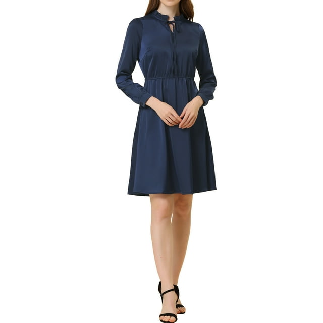 Vestido midi A-line de satén con cuello atado INSPIRE CHIC para mujer azul marino M
