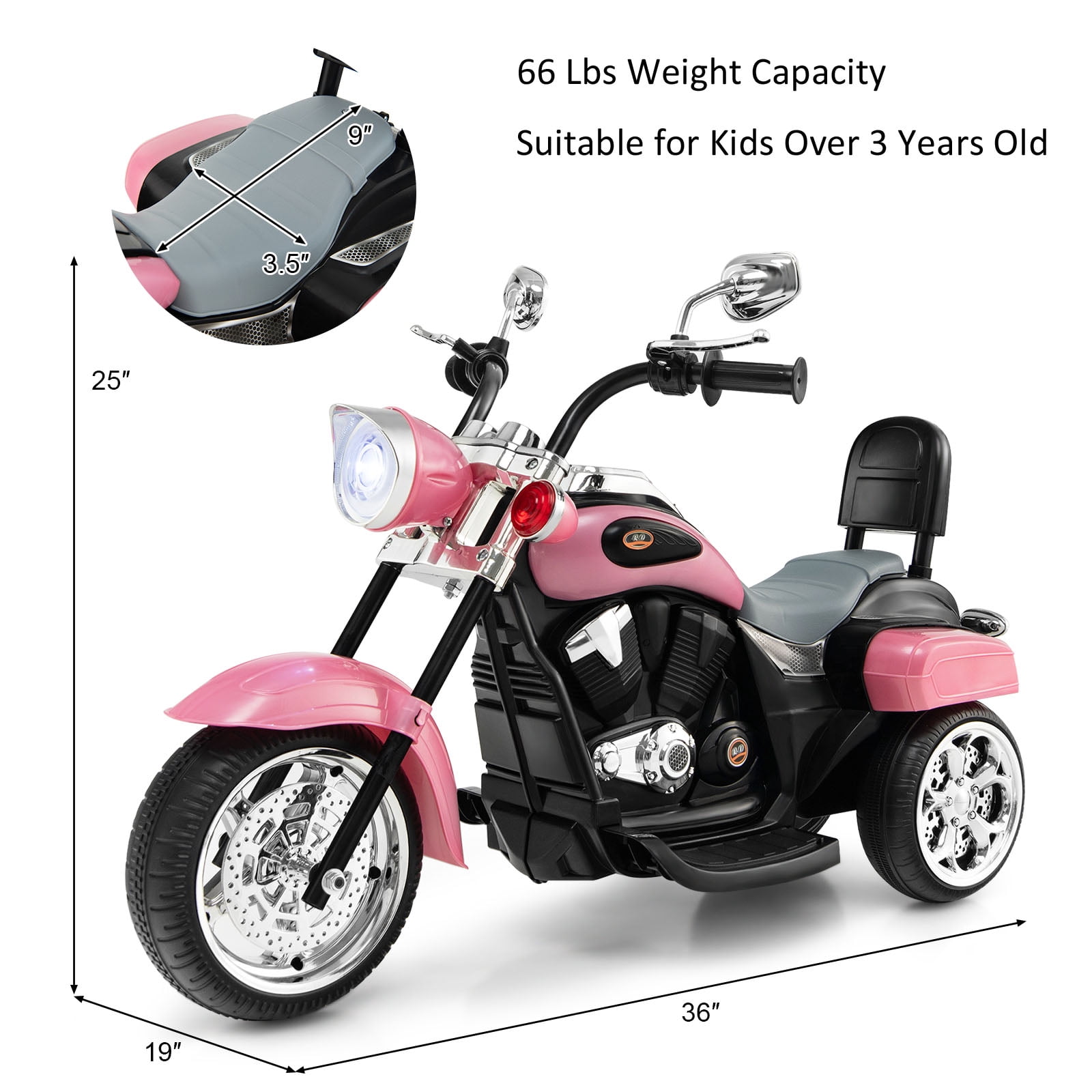 Infans 6V Kids Ride On Chopper Motorcycle 3 Wheel Trike with Headlight and Horn Pink