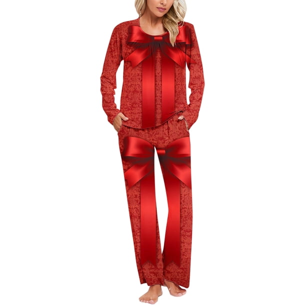 Puntoco Pijamas de mujer con cuello redondo, pantalones y bolsillo en la parte superior con estampado navideño para mujer