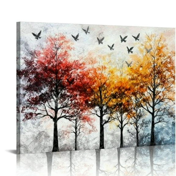 ZFLMY Living room art, forest canvas bedroom wall decoration, red, yellow and grey picture print artwork 16x12in