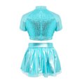 thumbnail image 4 of Aiihoo Kids Girls Jazz Dance Performance Outfit Mock Neck Short Sleeve Sequins Metallic Shirt Crop Top with Shiny Tutu Skirt Streetwear Blue 14, 4 of 6