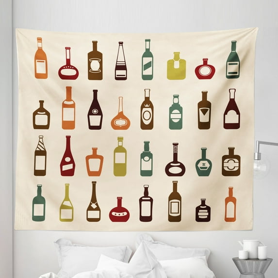 Alcohol Tapestry, Bottles of Various Alcoholic Strong Drinks Pattern with Whiskey Brandy and Cognac, Fabric Wall Hanging Decor for Bedroom Living Room Dorm, 5 Sizes, Multicolor, by Ambesonne
