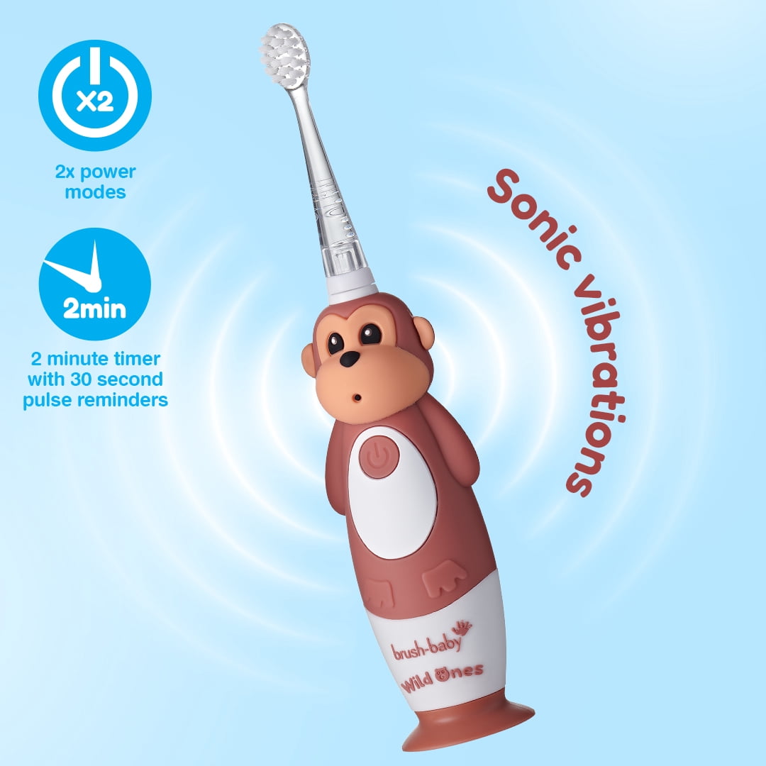 Brush-Baby WildOnes Monkey Kids Electric Rechargeable Toothbrush, Soft Bristle, 3 Brush Heads, USB Cable