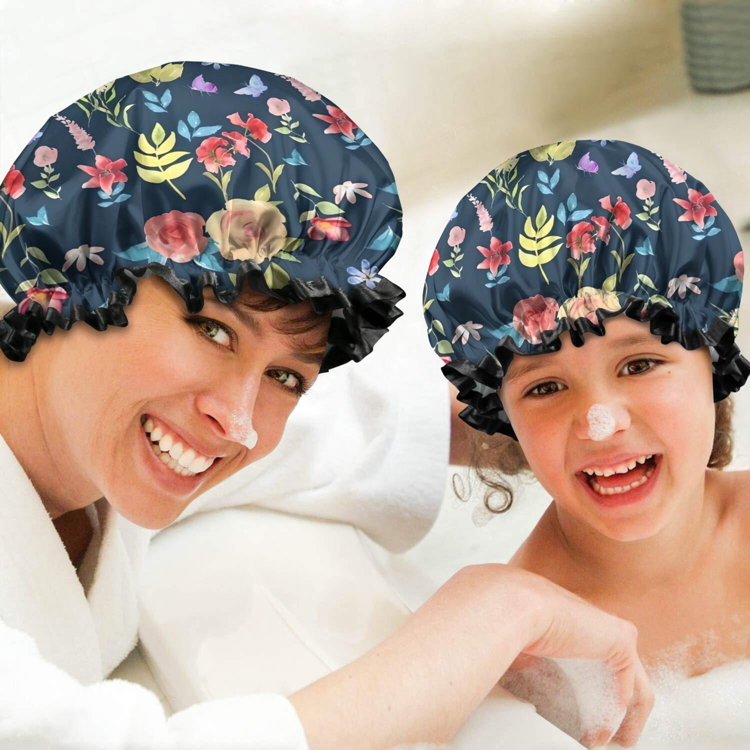Shower Caps,Pioneer Flower Floral Print Pattern Waterproof Shower Cap for Women 4 Pieces,Double Reusable Hair Cover for Shower PEVA Elastic Stretch Hem