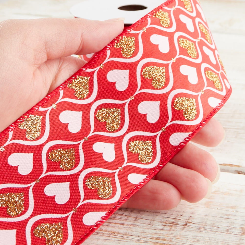 18yds Glittered Gold/Red/Pink Heart Wire-Edged Ribbon - for Valentine's Day - Factory Direct Craft