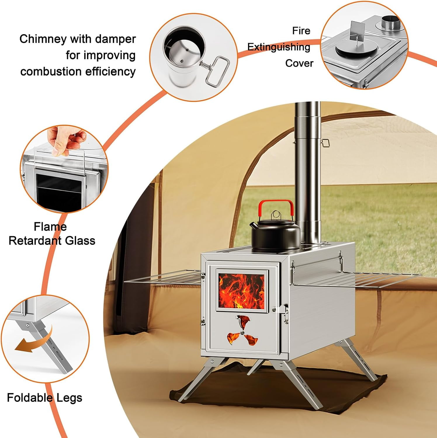 Mophoto Upgraded Wood Stove,Hot Tent Stove Camping Portable Stainless Steel Wood Burning Stove with 7 Chimney Pipes for Wall Tent Camping,Hunting,Heating,Cooking,Ice Fishing,Boiling Water