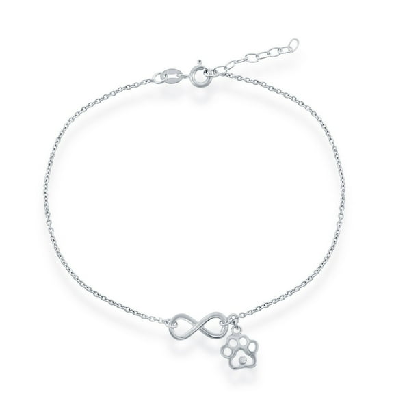 Charm Anklet Infinity with Paw Print Design 9 1 Breaded Chain Bracelet Sterling Silver Jewelry for Women or Teens