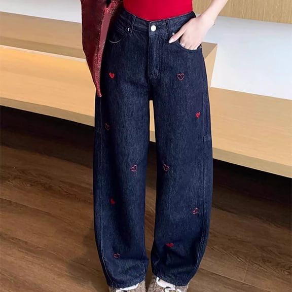 Wlynlyn Jeans for Women Elastic High Waist Wide Leg Cute Heart Embroidered Denim Pants with Pockets