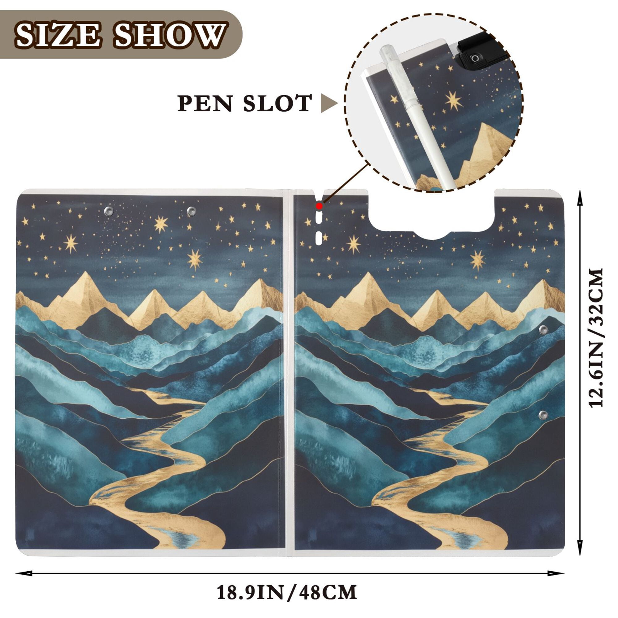FORMRS A4 Clipboard Folder with Pen Holder Horizontal Foldable School Office Binder, Dark Mountains
