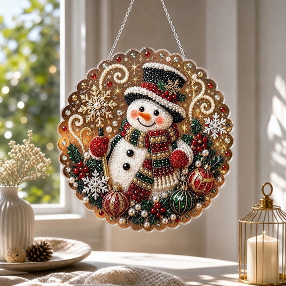 Christmas Snowman Pearl Diamond Art Suncatcher Kit,Diy Rhinestone Adiy Rhinestone Painting Beginner Craft,Xmas Hanging Ornament for Wall Tree Window