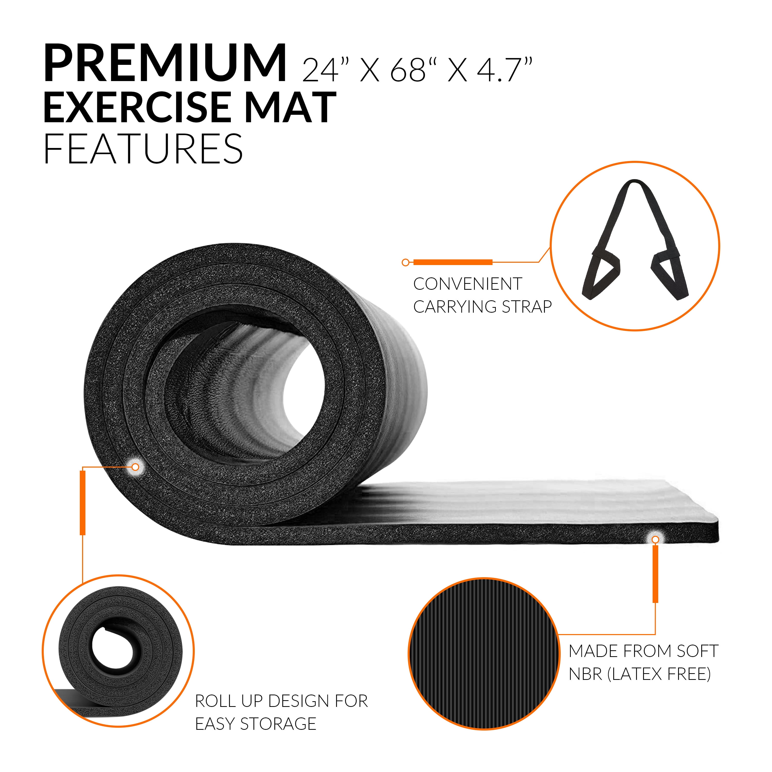 CAP High Density NBR Exercise Mat with Carry Strap, Size: 68inX24inX.47in (12mm Thick) Black