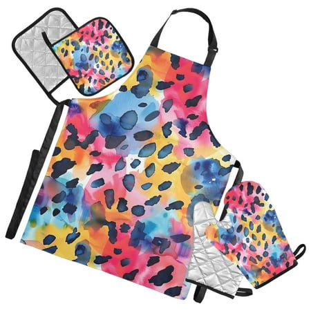 Gorgeous Leopard 5 Pcs Kitchen Set Heat Resistant Oven Mitts and Non-Slip Pot Holders with Adjustable Cooking Apron