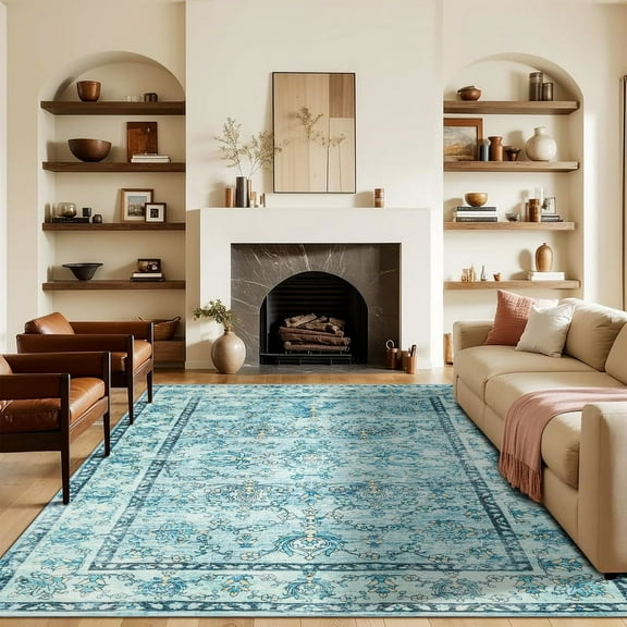 Jamfeel Washable Rugs Ultra-Thin Soft Non-slip Vintage Printed Area Rug Low-Pile Carpet for Living Room Indoor Decor 8'x10' Blue