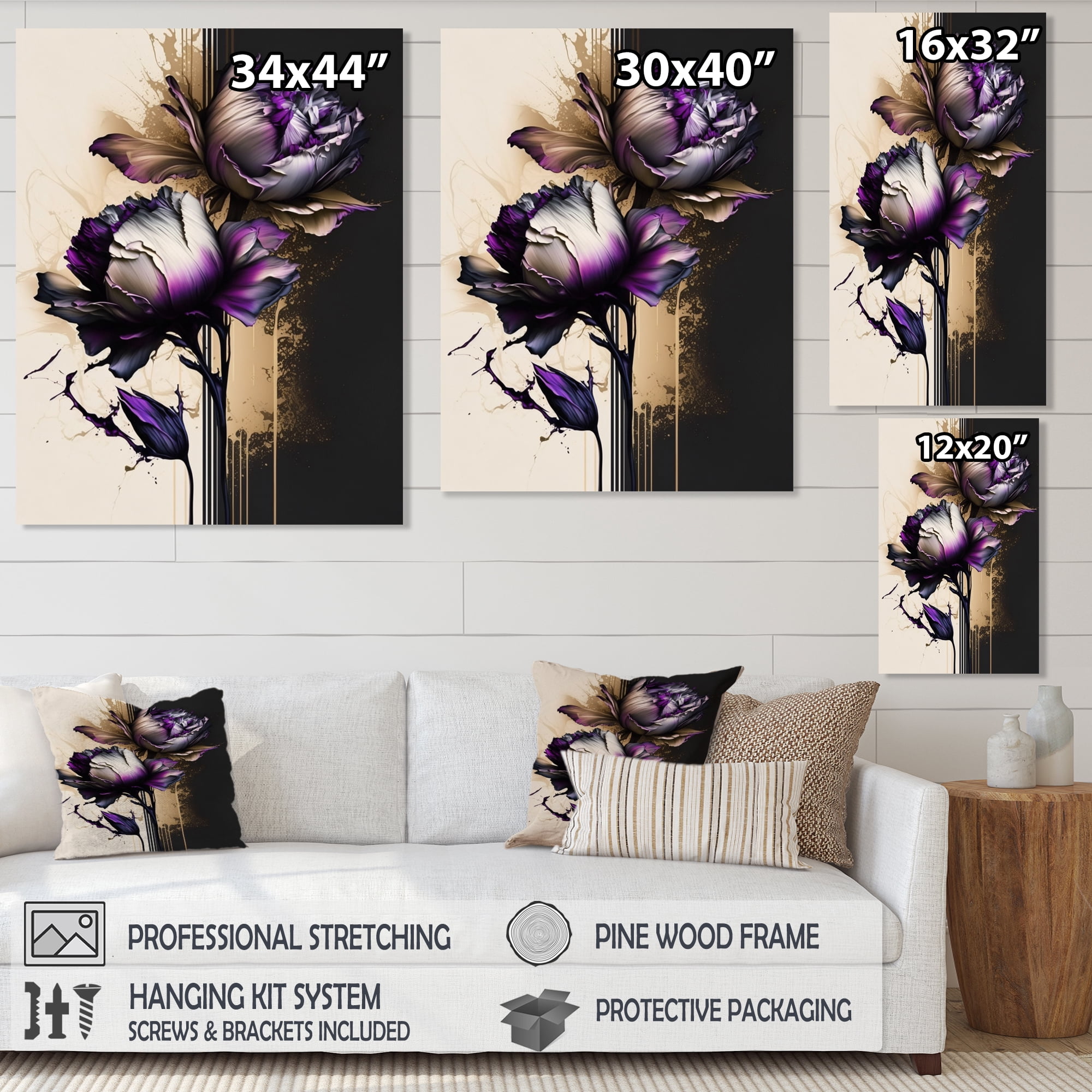 Designart Puple Peony Flower On Abstract Paint V Canvas Wall Art