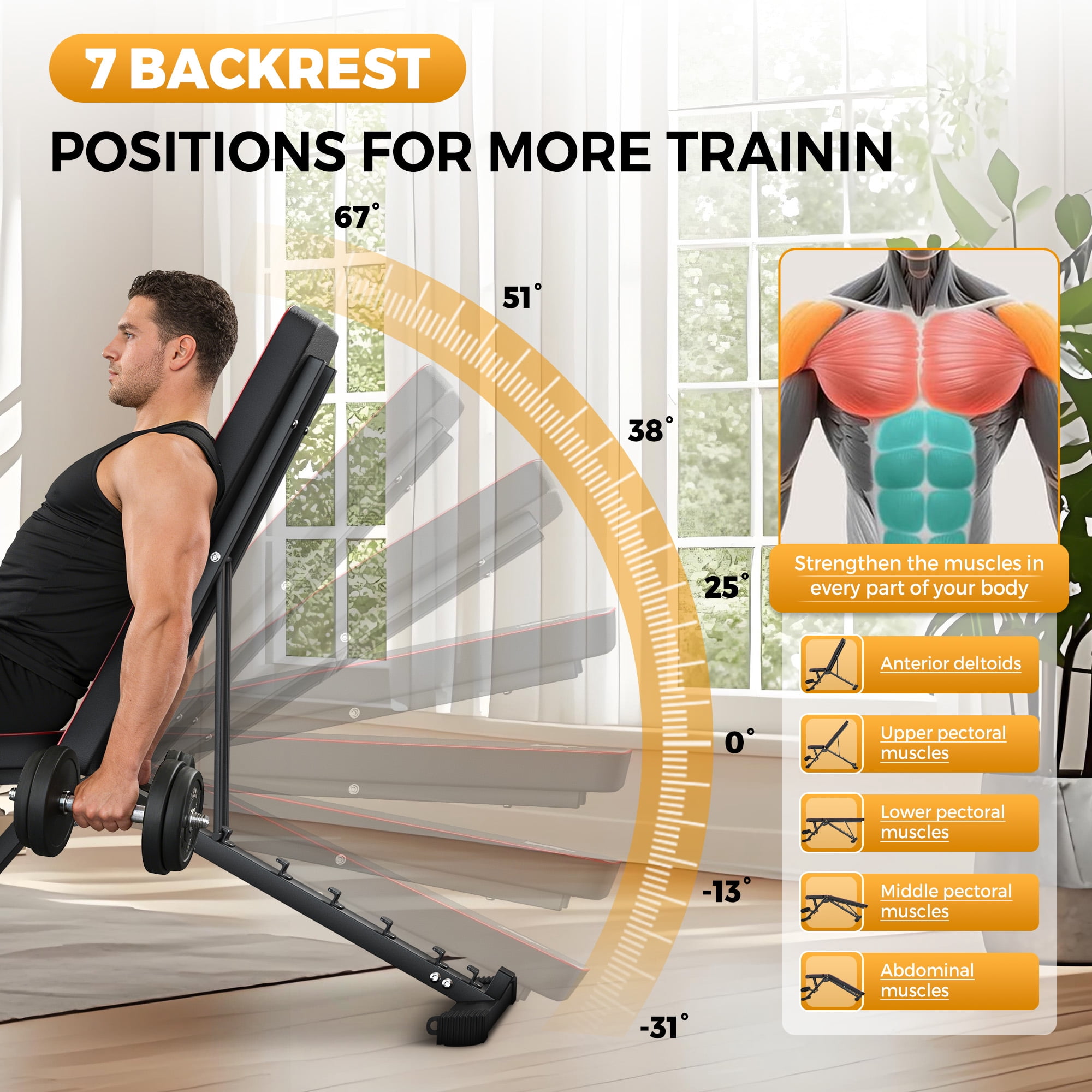 FASTES 7-Position Adjustable Weight Bench, Foldable Workout Bench Press for Full Body Strength Training in Home Gym, 600lbs Capacity, Fits up to 6'2"