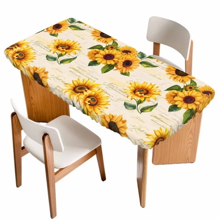 Vintage Sunflower Table Cloths for 6 Foot Rectangle Tables Yellow Flowers Summer Botanical Retro Art Patio Waterproof Elastic Fitted Tablecloths Washable Rectangular Table Cover for Camping