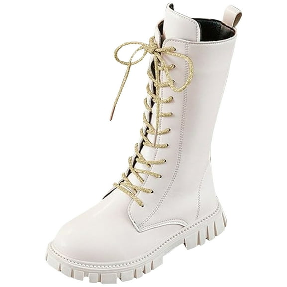 BOBOGOJP Girls Mid Calf Combat Boots Leather Lace up Boots Riding Winter Boots Toddler/Little/Big Kid White for Size 3.5