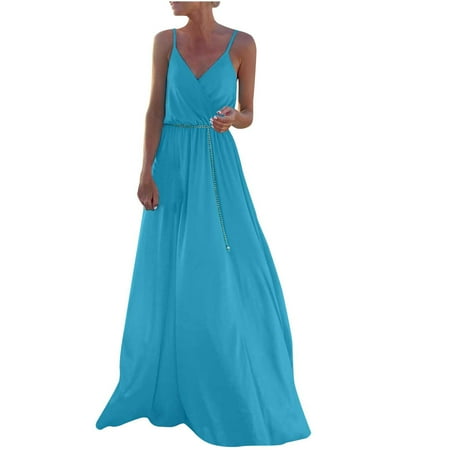 

Formal Dresses for Women Plus Size Dress for Women Women s Summer Fashion Printed V-Neck Sleeveless Casual Belt Swing Slip Dress Summer Savings Dresses for Women Midi Dresses for Women Blue S