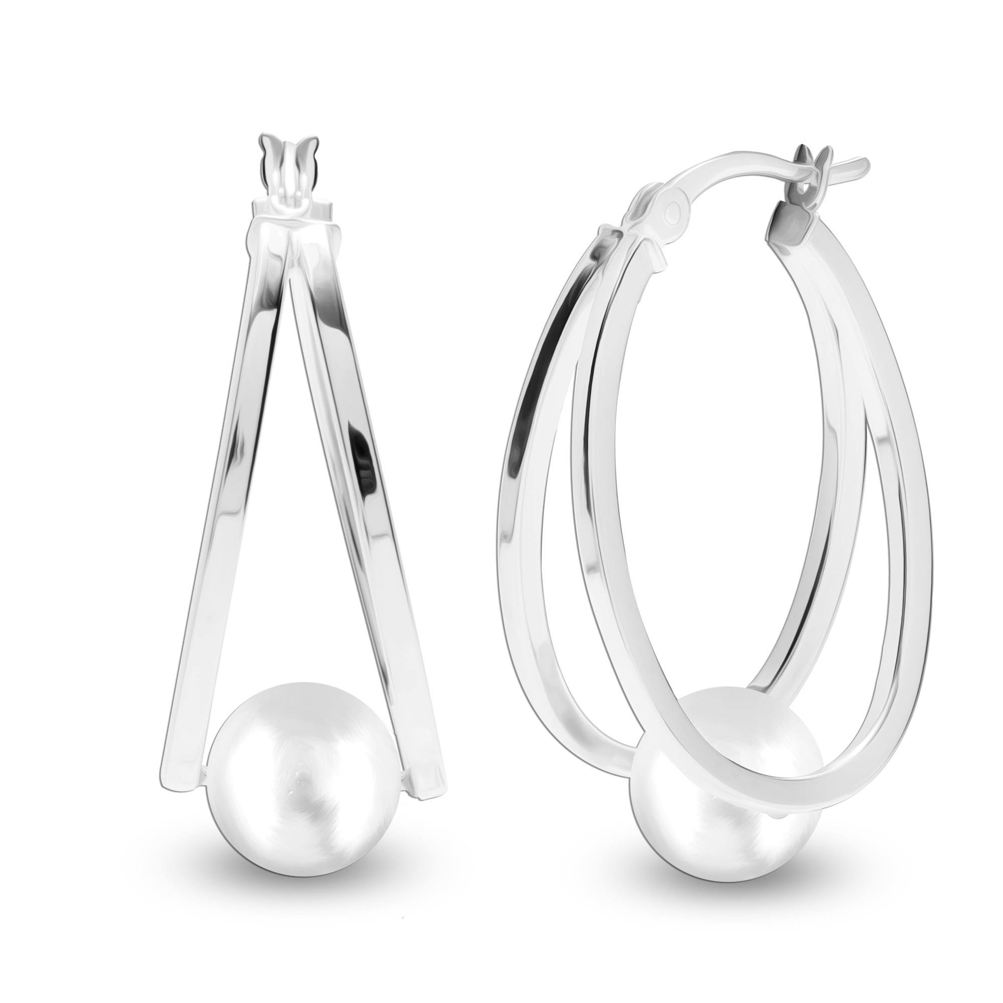 LeCalla 925 Sterling Silver Click Top Pearl Double Hoop Earrings Jewelry Gifts for Women and Teen 29MM