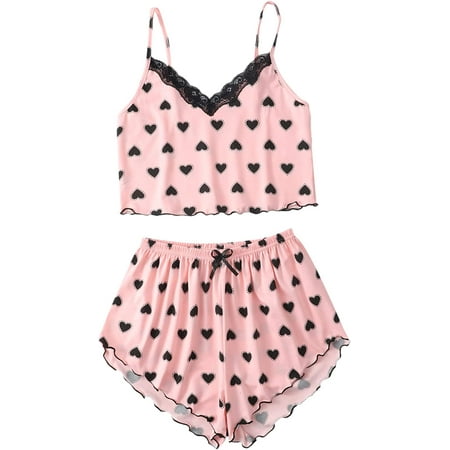 

ZWQIANWEXFED Women s Floral Print Lace Trim Cami Top and Shorts Pajama Set Sleepwear