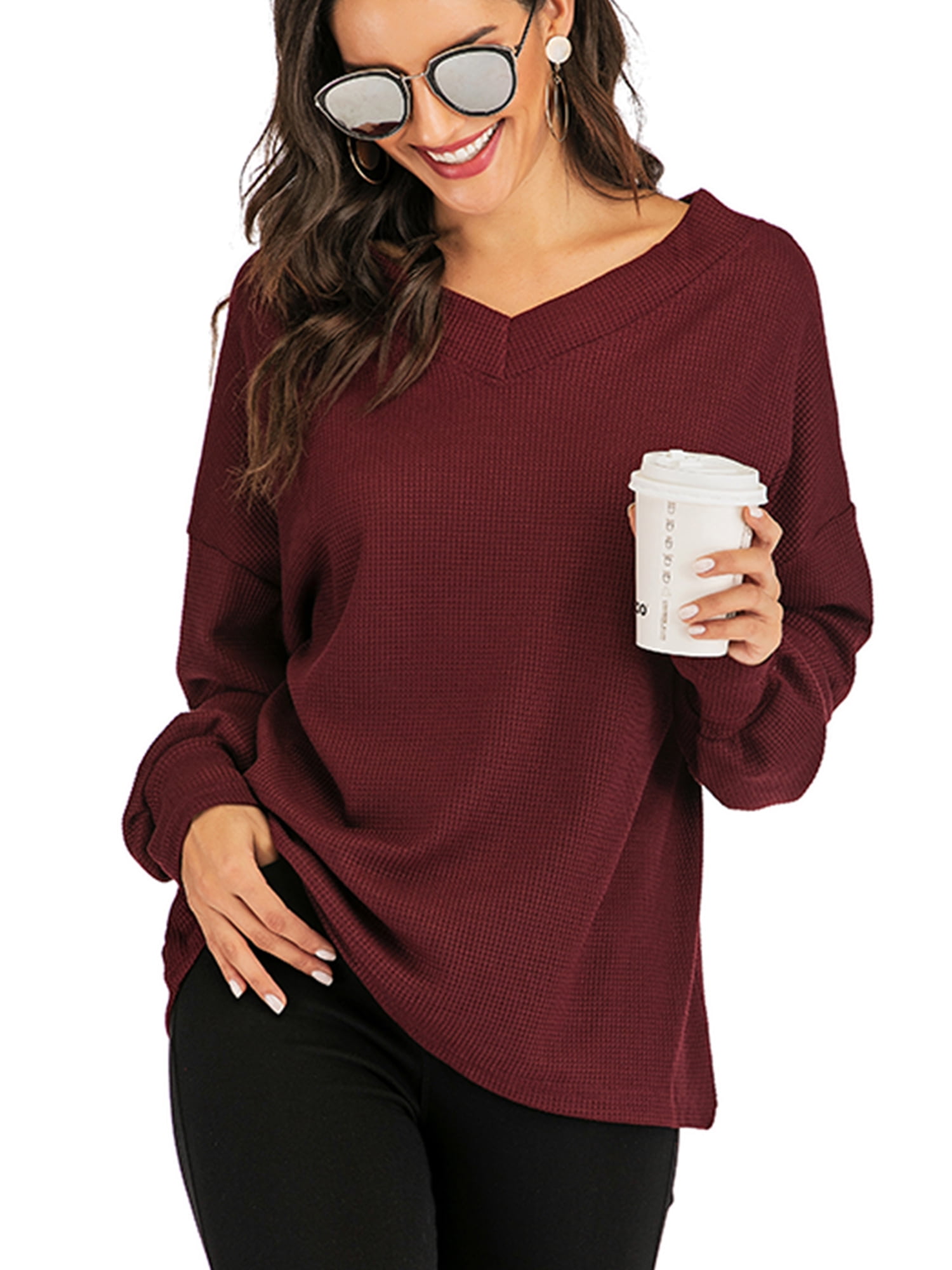 Autumn Waffle Knit Blouses Women Casual Long Sleeve Pullover Solid