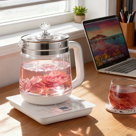 1.8L (60 oz) Multi-Functional Electric Health Pot with 18 Smart Programs - 800W Thickened Glass Tea Kettle & Essential for Camping with Removable Filter - 110-130V US Plug Medical Pot Operation
