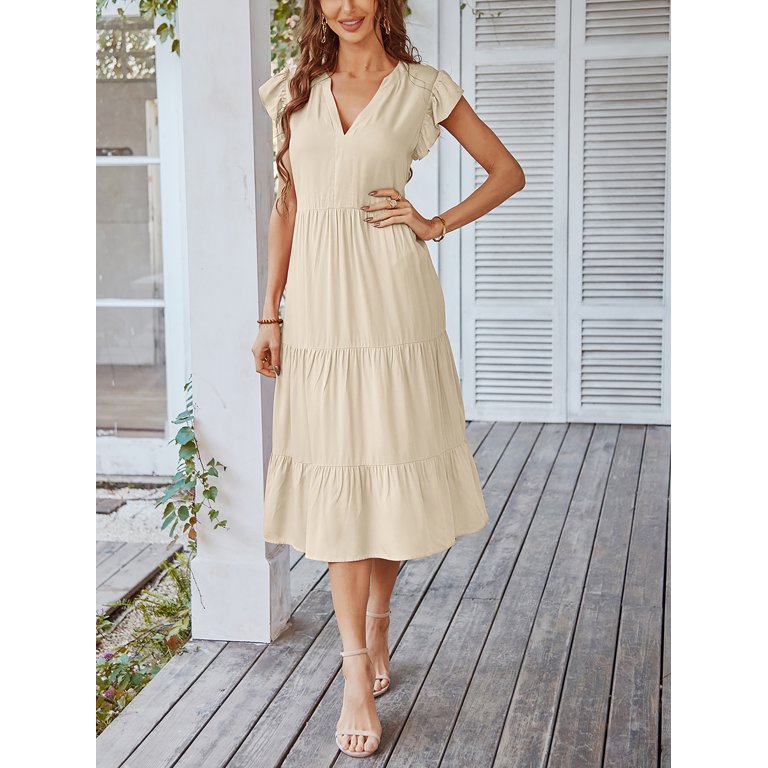 TEMOFON Summer Dress For Women Wrap Flutter Sleeve Boho Dress V Neck Swing  Midi Dress Ruffle Tiered Dresses Apricot M 