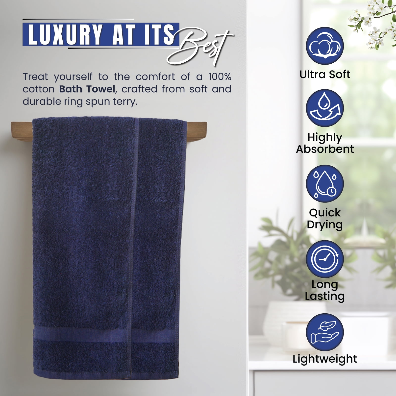SupremePlus Premium 500 GSM 24” x 50” 100% Ring Spun Cotton Bath Towels, Navy Blue 4 Count