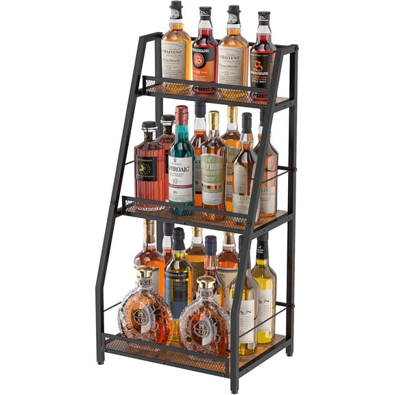 3-Tier Liquor Stand for Home Bar, Stepped Wine Rack Freestanding Floor for Liquor Whiskey Wine, Versatile Corner Wine Bottle Display Stand with Fences, Vintage Brown, Safe Height for Kids & Pets