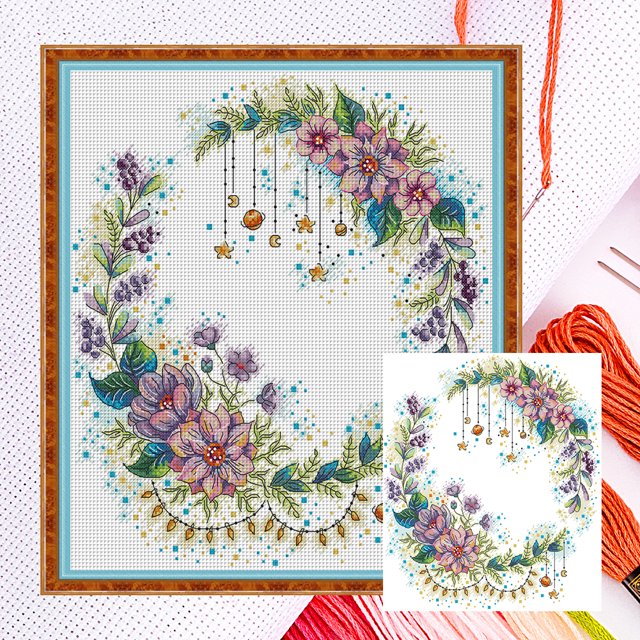 (HA107) Hilo Algodón Ecológico Bordado No Manchú 14CT 2 Hebras Tela Blanca 36*40 Cm Kit Serie Flores Punto Cruz Con Guirnalda Cuento Hadas (borde Gancho)