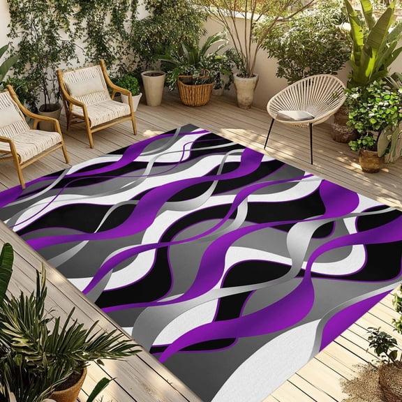 Purple Grey Lines Outdoor Area Rug 4x6ft Decorative Indoor Outdoor Rug Modern Abstract Stripes Patio Area Rug for Porch, Deck, Balcony, Entryway, Camping & RV