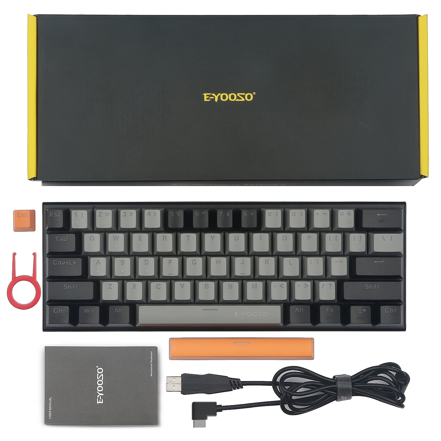 60% Mechanical Keyboard,E-YOOSO Brown Switch Wired with LED Backlight,Ultra Compact 60% Computer Mechanical Gaming Keyboard for Windows,Mac OS(Grey Black)