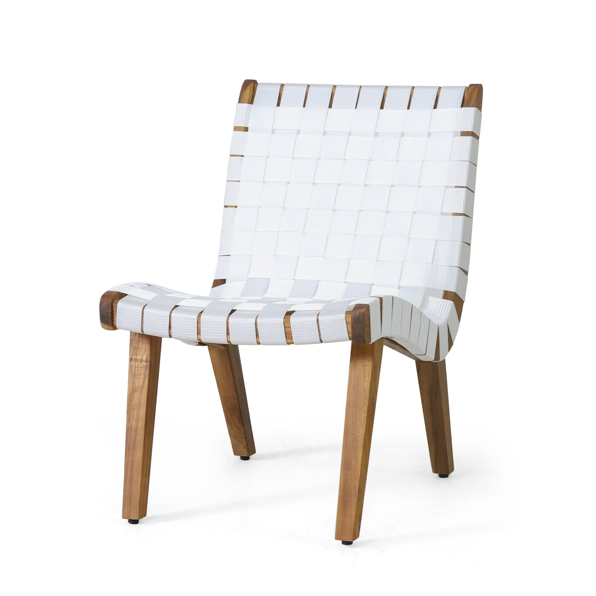 Outdoor Leisure Lounge Single Chair, Acacia Wood and Rope Combined Design for Patio Garden, White