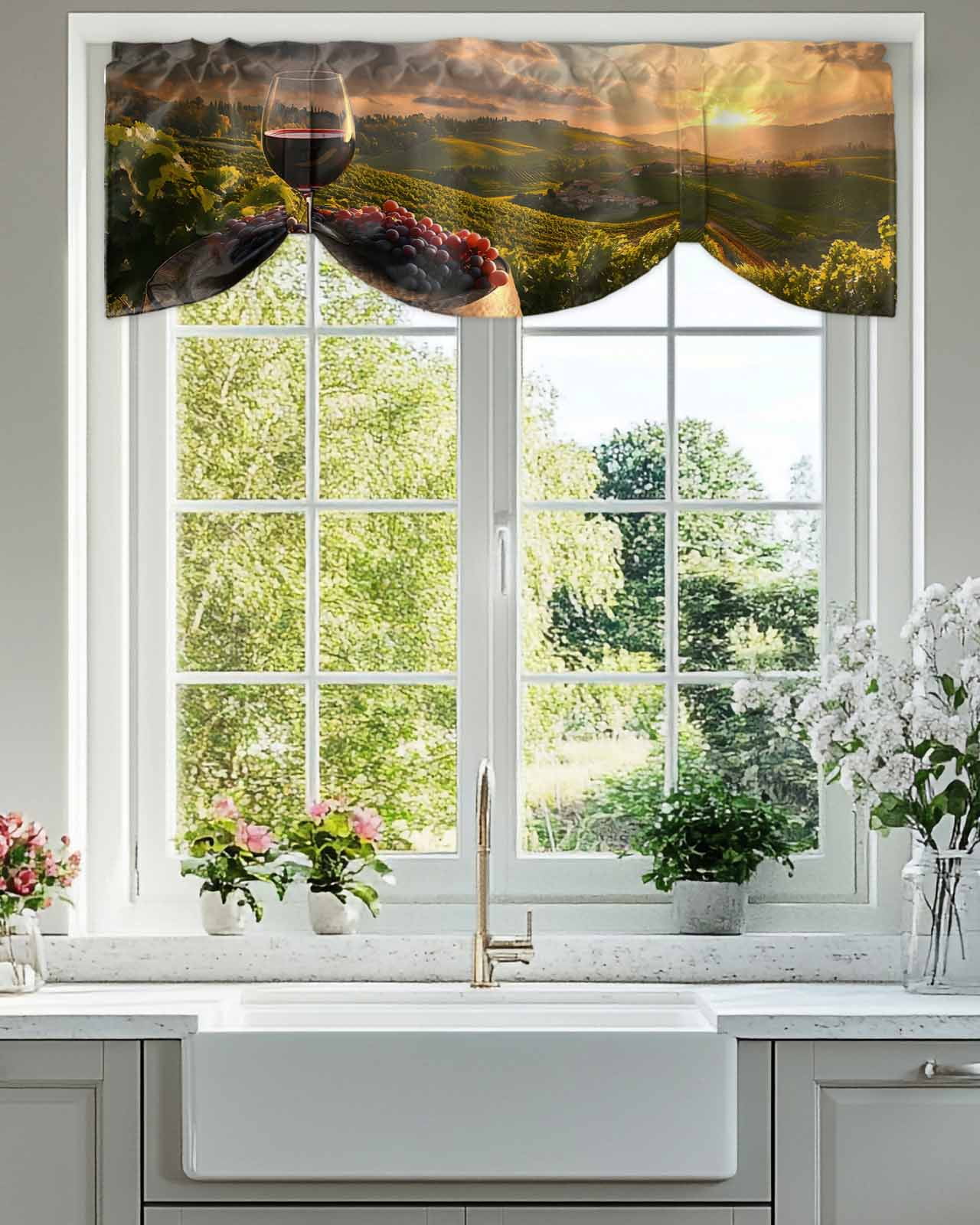Wine Grapes Tie Up Valances Curtain, Adjustable Kitchen Decoration Barrel Valances for Windows Decor, Rod Pocket Short Curtains Set for Bedroom/Bathroom, 60"x18"