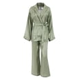 thumbnail image 1 of Biekopu Women Casual Homewear Pajamas Set, Long Sleeve Solid Color Lapel Tops+Loose Long Pants+Belt, 1 of 9