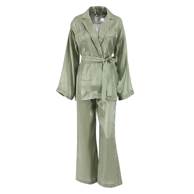 SAYOO Mujer Casual Homewear Pijama Conjunto Manga Larga Color Sólido Solapa Tops + Pantalones Largos Sueltos + Cinturón SAYOO Moda