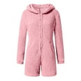 thumbnail image 4 of Furry Fleece Warm Jumpsuit Shorts for Women 2024 Winter Thermal Loungewear Casual Baggy Long Sleeve Hooded Rompers, 4 of 5