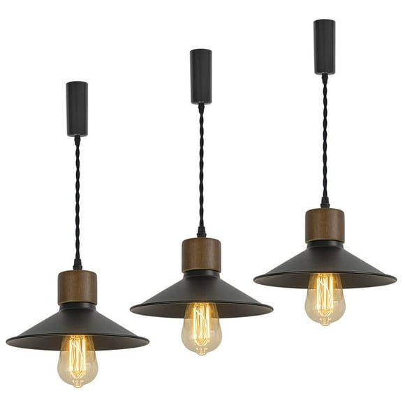 FSLiving Adjustable Height J Type Track Light with E26 Walnut Base and Vintage Black Metal Shade Lighting Fixtures for Farmhouse Kitchen Sink (Bulb & Ceiling Track Sold Separately) - 3 Lights