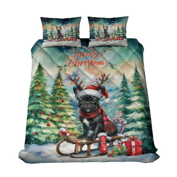 Merry Christmas Santa Reindeer Antlers French Bulldog Sleigh Xmas Winter Holiday Quilt Bedding Set Dog Lover Gifts 1 Blanket Bed Cover 2 Pillowcases - 00023