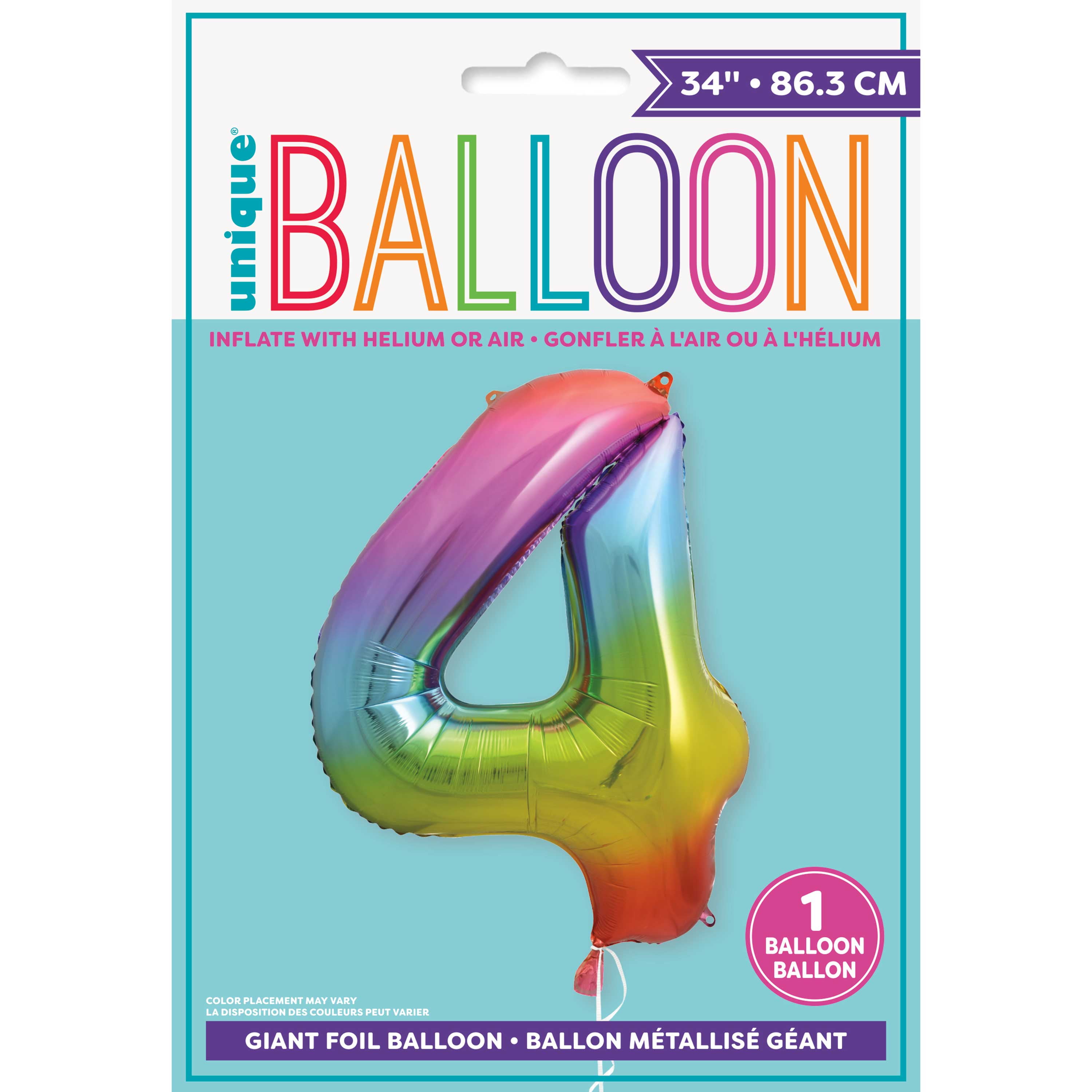 Foil Big Number Balloon, "4", Rainbow, 34in